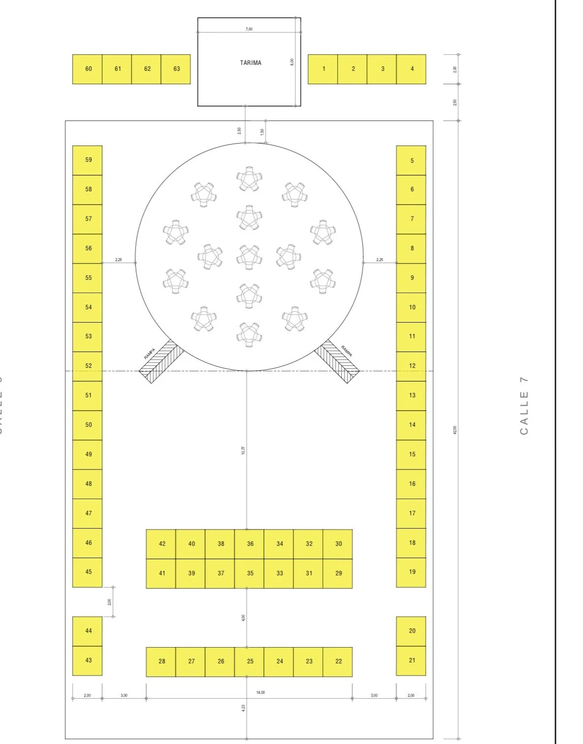 Plano de Neiva Fest con stands 1 al 63 y tarima